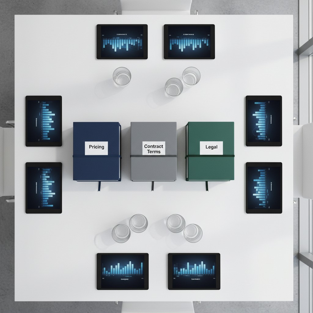 The image shows three stacks of notebooks marked "Pricing," "Contract Terms," and "Legal," surrounded by six electronic de...