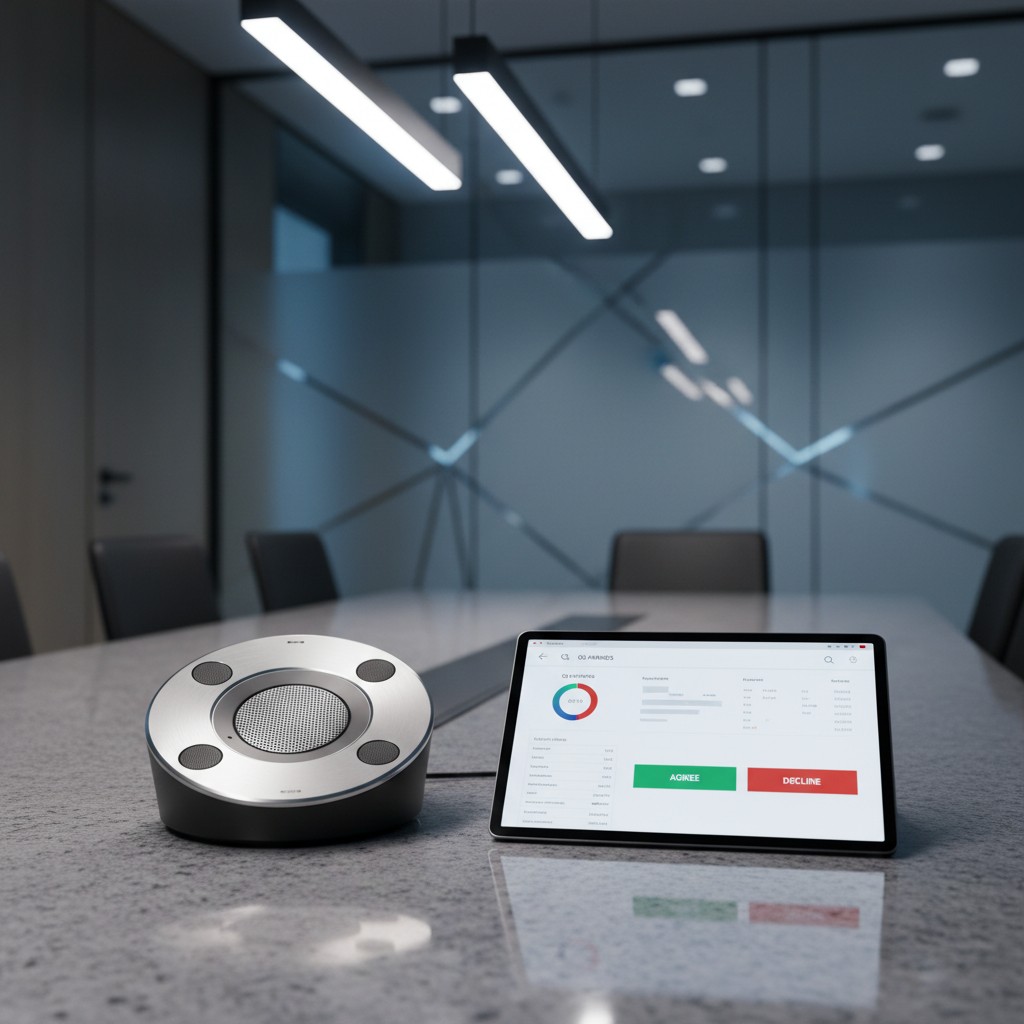 An empty meeting room with a screen showing a digital survey or poll interface on a round table.